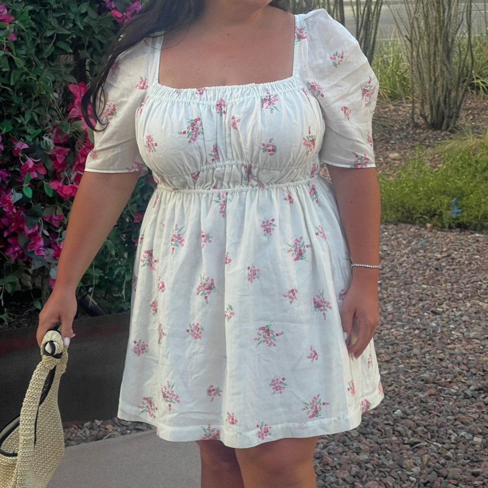 Floral White Puff Sleeve Dress H&M tie detail